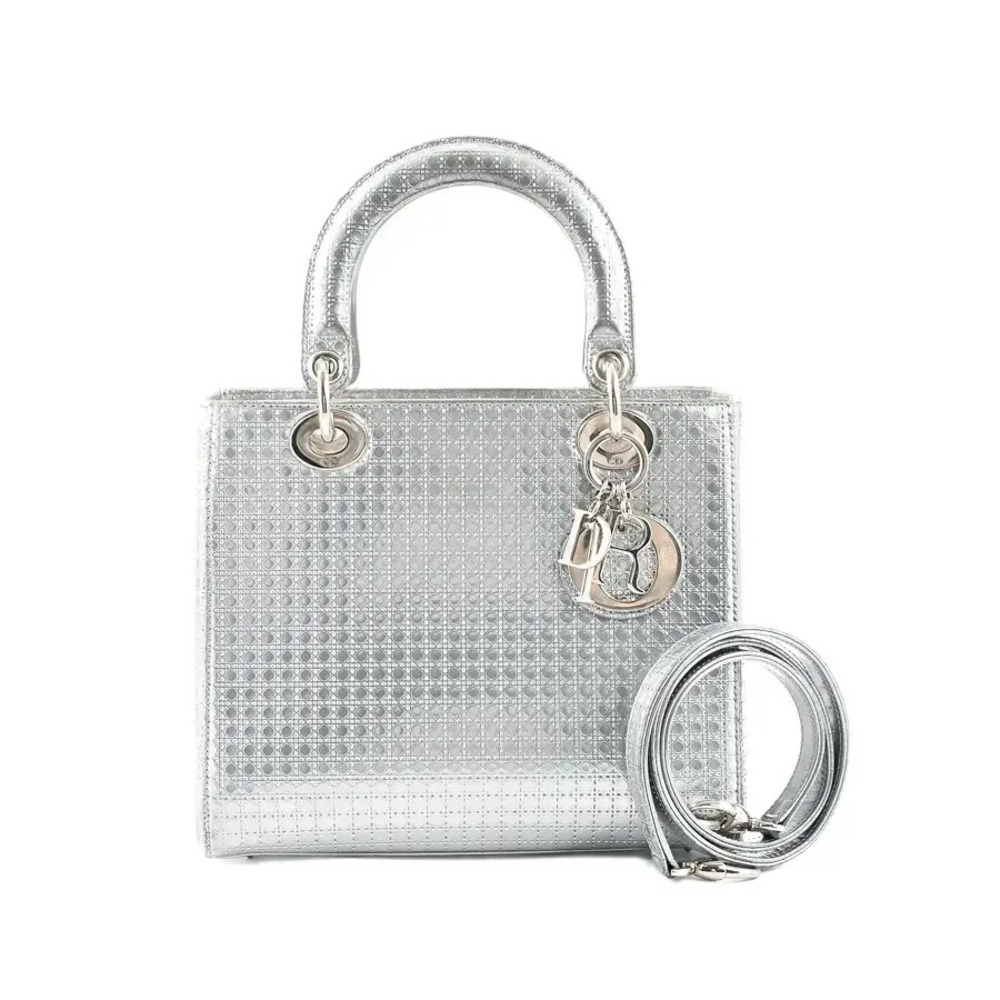 Christian Dior Lady Shoulder Bag Leather Silver